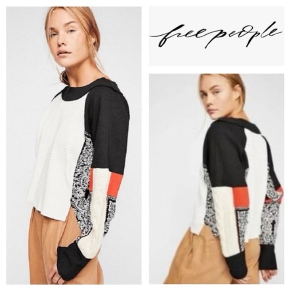 Free People Black and White Crew Neck Sweater